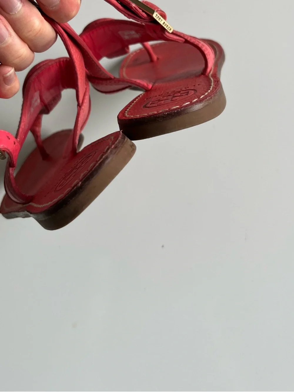 Tory Burch pink coral Leather Logo Medallion Slingback Sandals